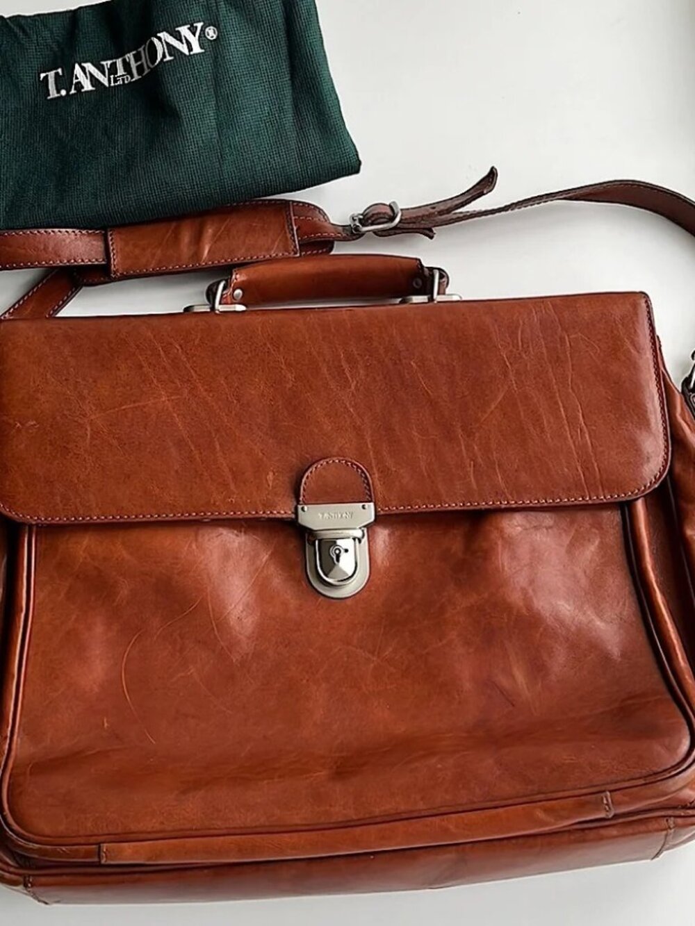 T. Anthony Soft Flap Briefcase Laptop Bag Brown Italian Leather Shoulder Strap